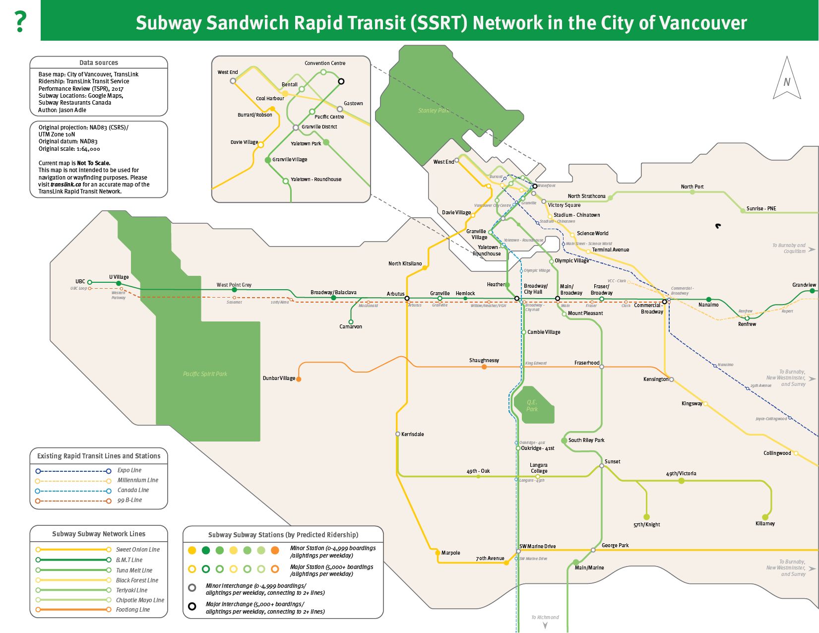 A map of Subway restaurants rendered as a subway system.